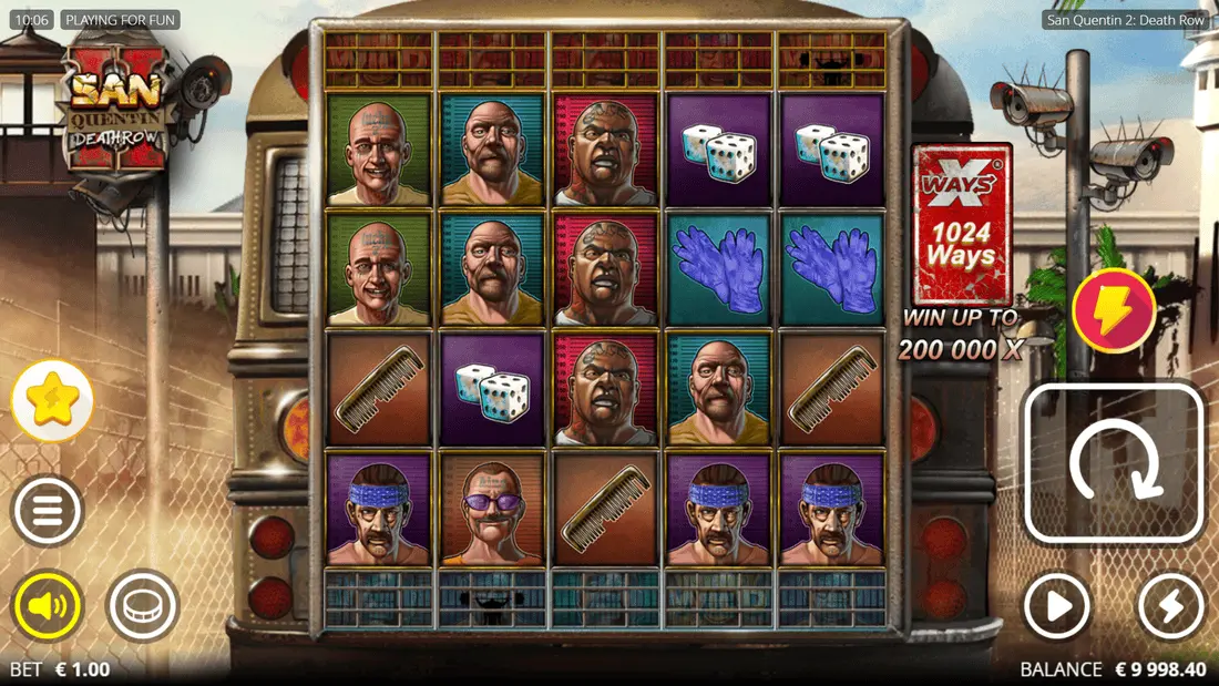San Quentin 2 Death Row slot base game full grid showing five inmate premium symbols