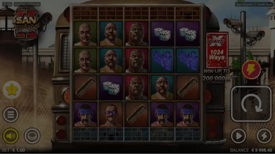 San Quentin 2 Death Row slot demo game window showing inmate symbols and Enhancer Cells
