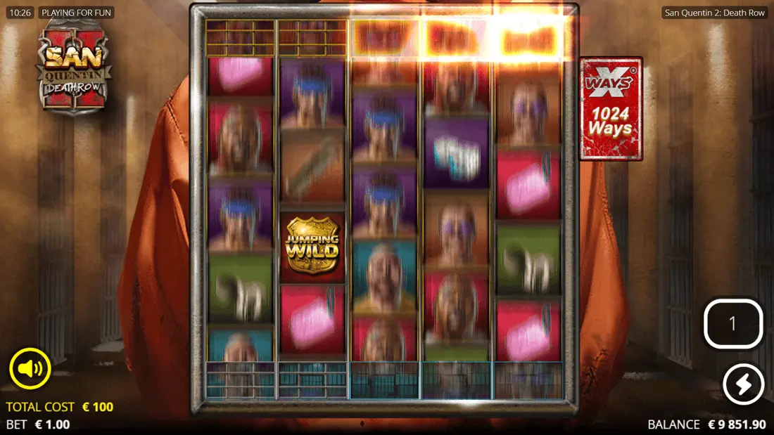 San Quentin 2 Green Mile Spins bonus with Jumping Wilds positioned across active Enhancer Cell reels